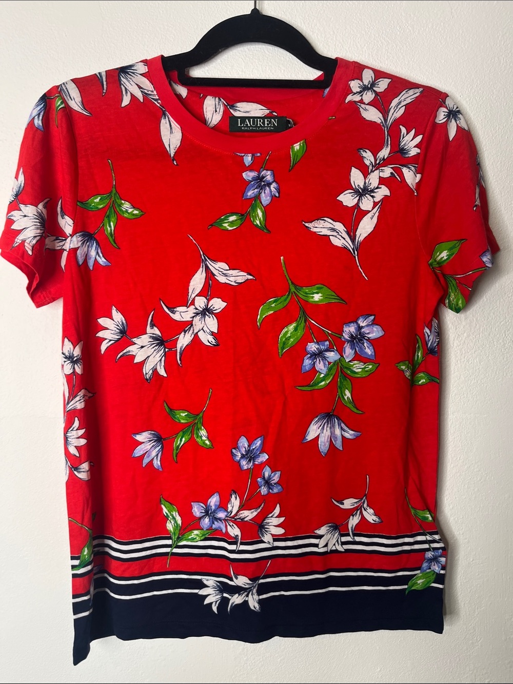 Ralph Lauren Red Floral Short-Sleeve Tee with Navy Trim